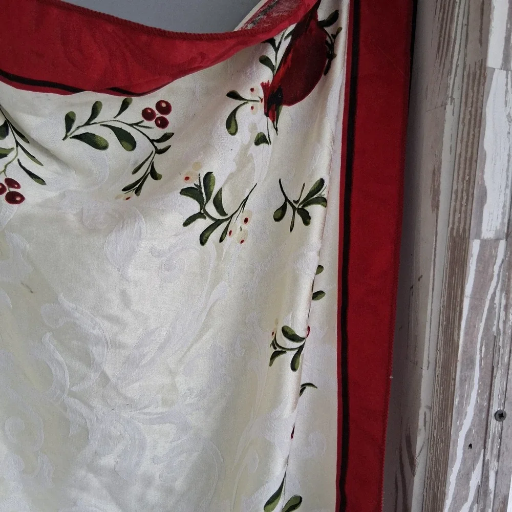 Vintage 90s Y2k Christmas Tablecloth Damask Cardinal Poinsettia 60x84